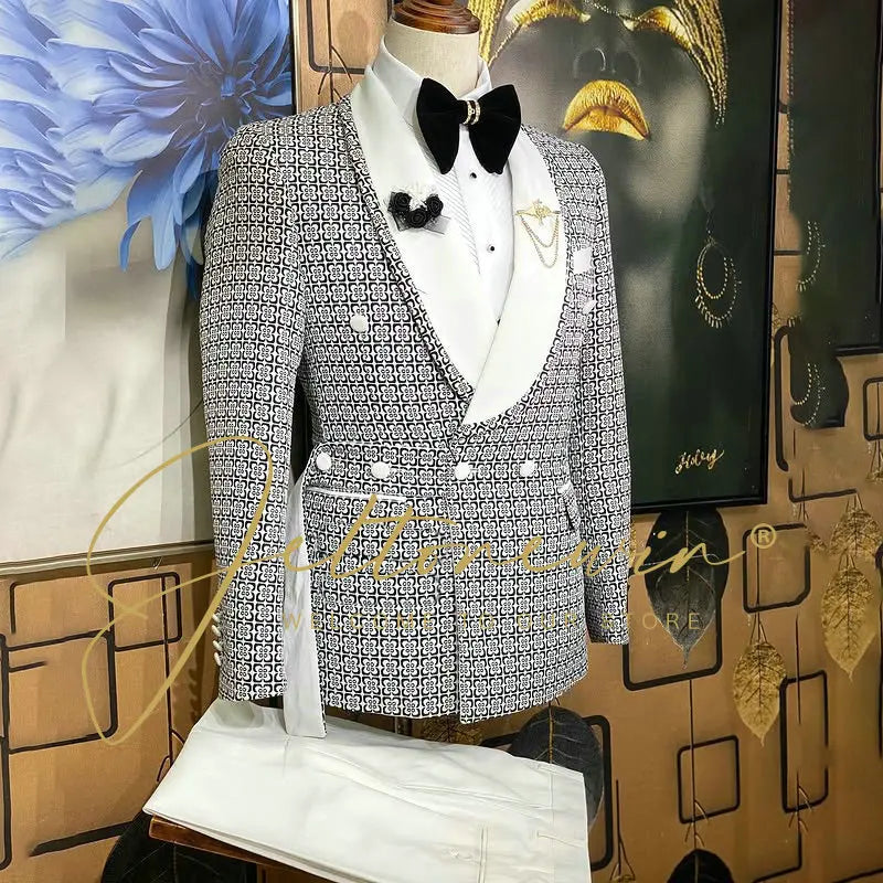 Blue Gold Jacquard Double Breasted Suit for Men Shawl Lapel Slim Fit Luxurious Fashion Statement Wedding Groom Stage Wear homme