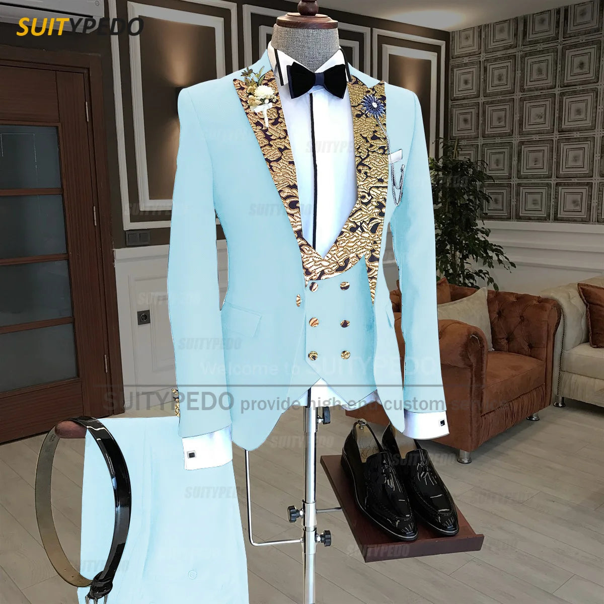 Luxury Men Suits Gold Printed Collar Formal Prom Male Elegant Costume Jacket Vest Pants 3 Pieces Wedding Party Fashion Tuxedos