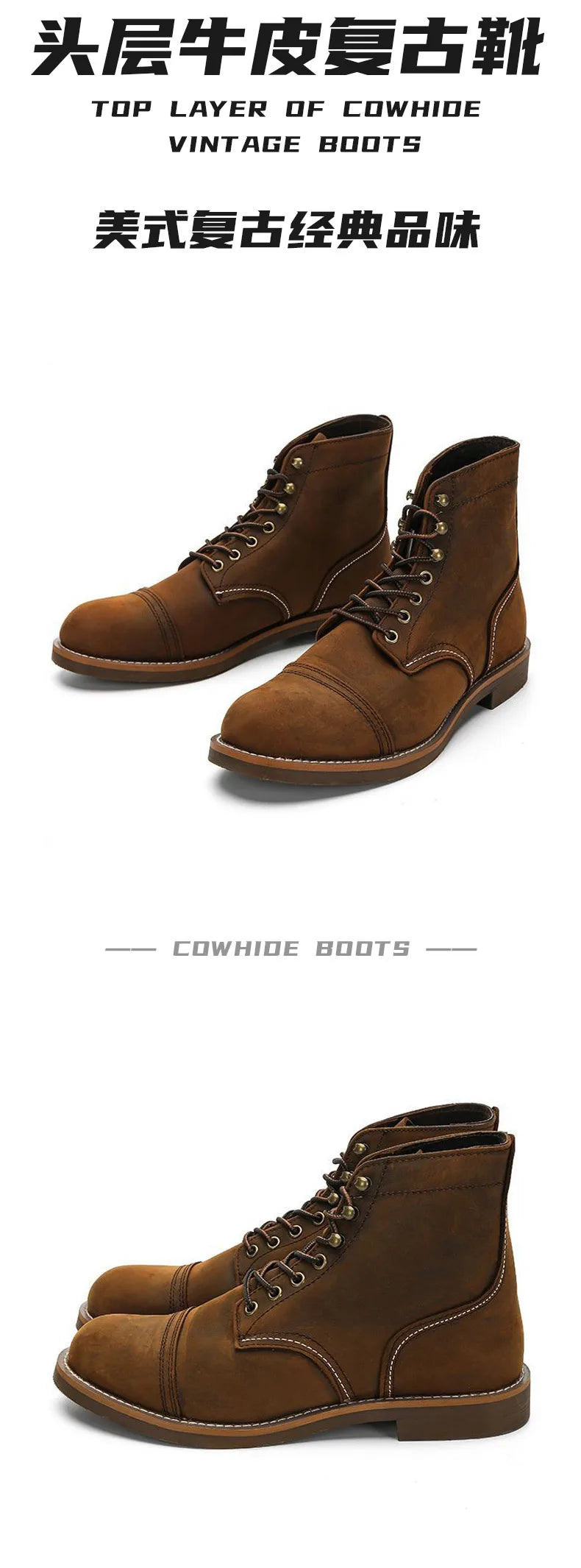 KOWM Hiking shoes cowhide men's trekking boot British ankle casual sneakers trekking shoes thick soled high top motorcycle boots
