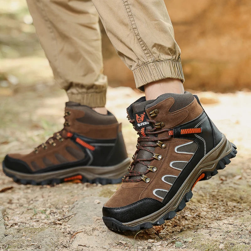 Mens Trekking Boots Thick Soles Wear-resistant Suede Leather Breathe Lace Up Sneakers Winter Warmth Comfort Camping Hiking Shoes
