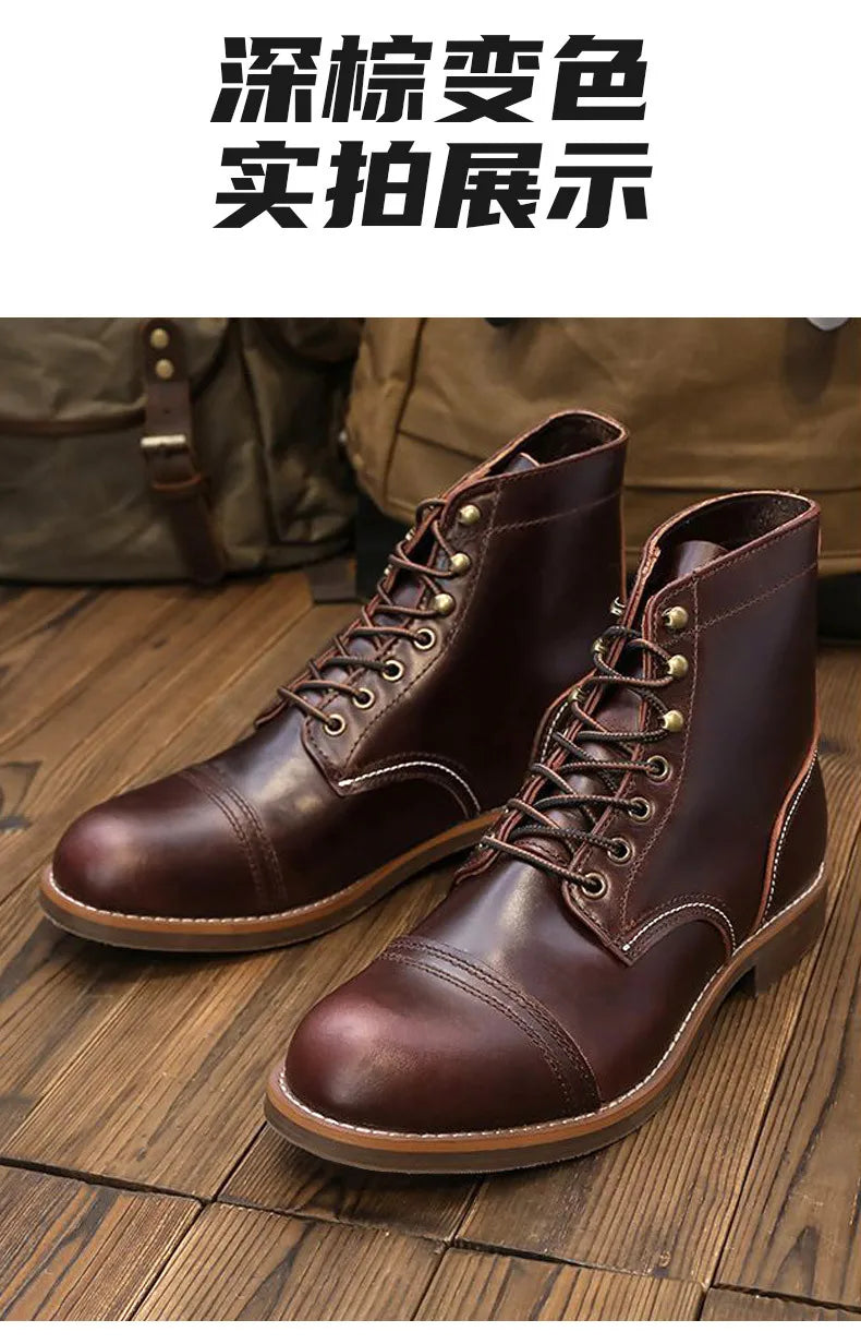KOWM Hiking shoes cowhide men's trekking boot British ankle casual sneakers trekking shoes thick soled high top motorcycle boots