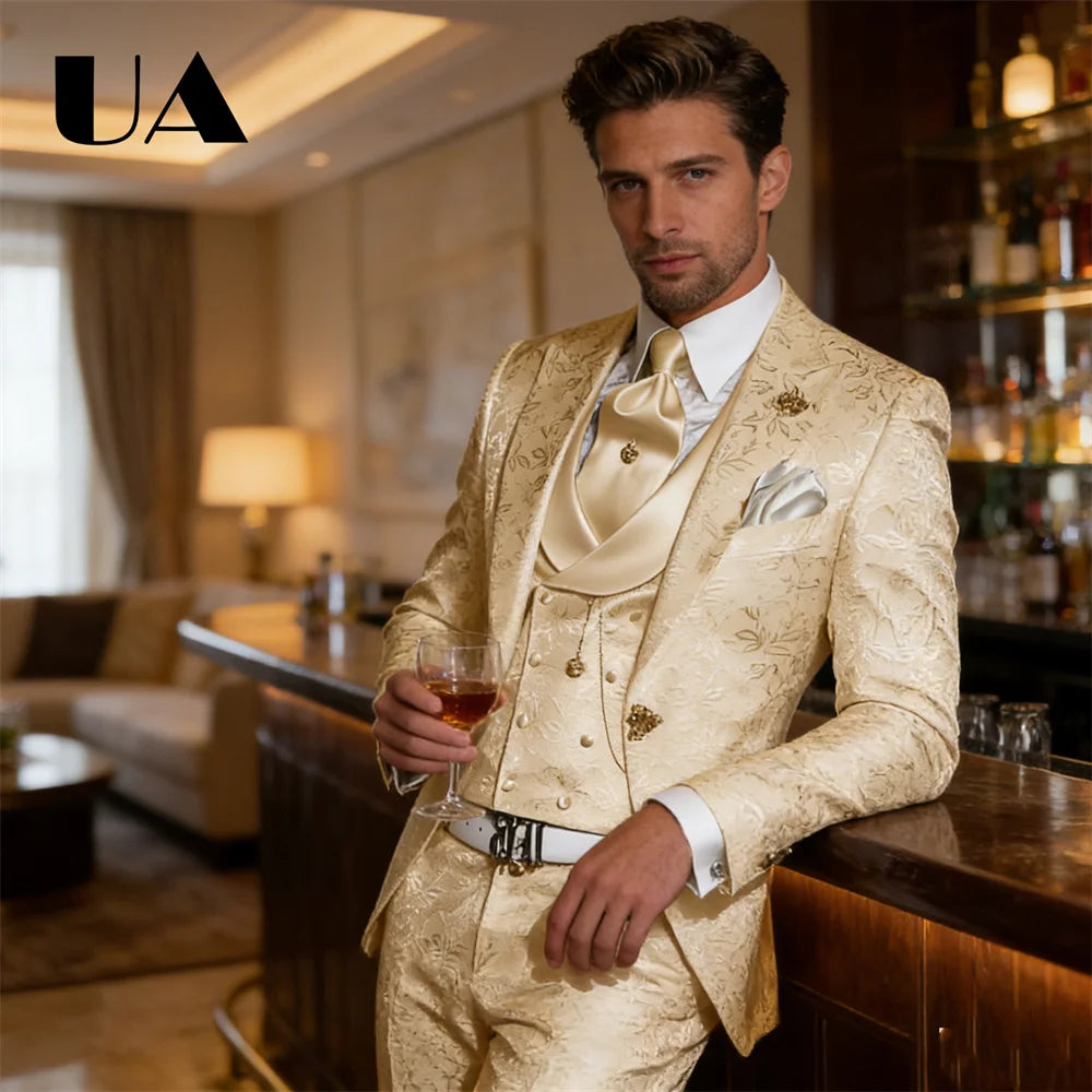 Custom Tailored Mens Three Piece Wedding Suit Jacket Pants Waistcoat Jacquard Prom Suit Attires Blazer Trousers Vest
