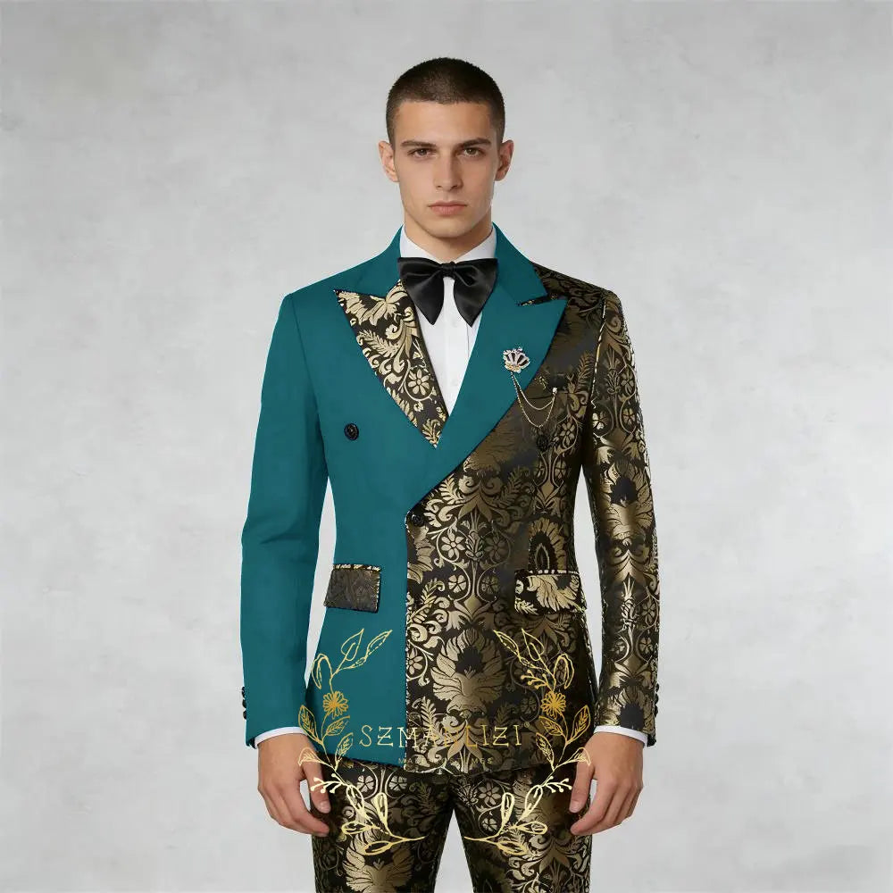 Black And Gold Floral Men's Suit 2 Piece Double Breasted Jacket Wedding Groom Tuxedo Formal Blazer Pants Sets terno masculino