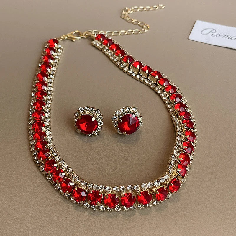 Luxury Green Rhinestone Necklace Stud Earrings For Women Crystal Choker Necklaces Ladies Fashion Weddings Banquet Jewelry Set