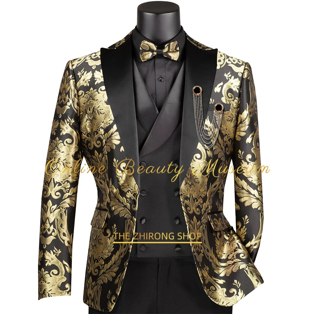 Chic Men's Modern Fit 3-Piece Suit Black Gold Jacquard Blazer Vest Pants Tailored Wedding Clothes for Groom Prom Dinner Party