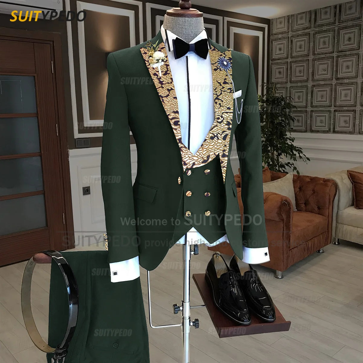 Luxury Men Suits Gold Printed Collar Formal Prom Male Elegant Costume Jacket Vest Pants 3 Pieces Wedding Party Fashion Tuxedos