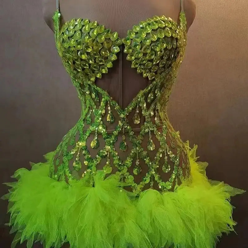 Fluorescent yellow Rhinstone Mesh tube top evening dress sing Gala Elegant Women Party Birthday Special Ocassion Sexy costume