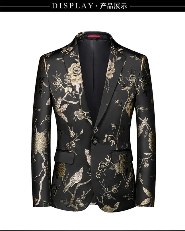 New Men Fashion Trend Wedding Party Jacquard Suit Jacket Single-breasted Slim Blazer Singer Host Stage Performance Dress Coats