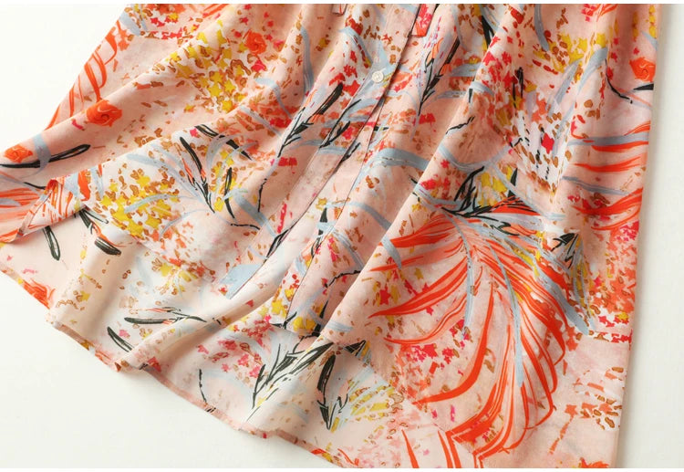 Women 100% Natural Silk Crepe Silk Beige Floral printed shirt Dress half sleeve split neck with belt midi dress L XL FF011
