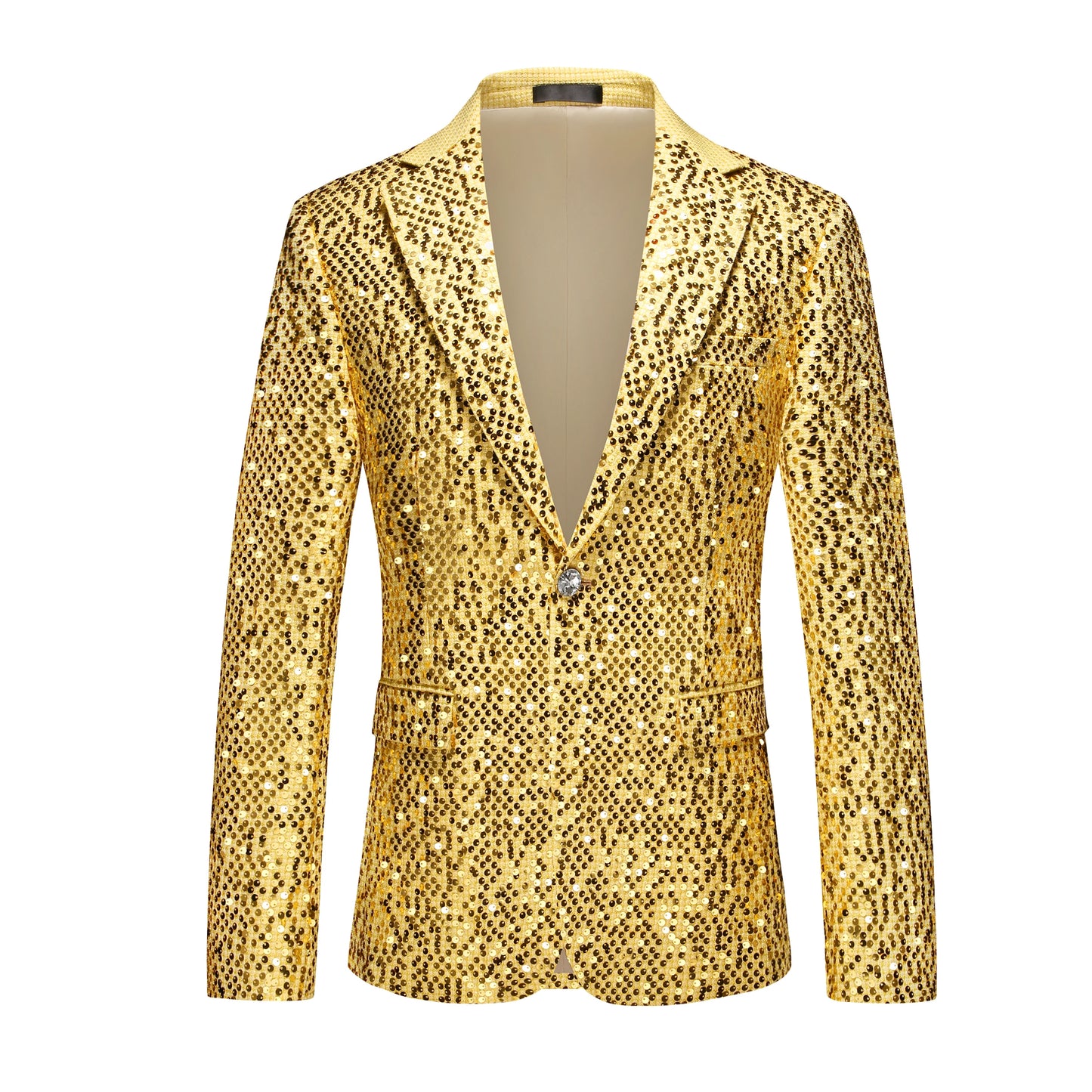 Men's Gold Sequin Slim Fashion Suit Two Piece Set, Stage Performance, Host Costume. Top+Pants