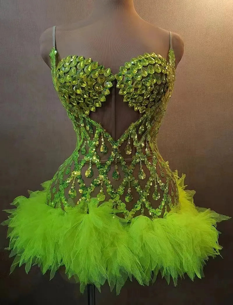 Fluorescent yellow Rhinstone Mesh tube top evening dress sing Gala Elegant Women Party Birthday Special Ocassion Sexy costume