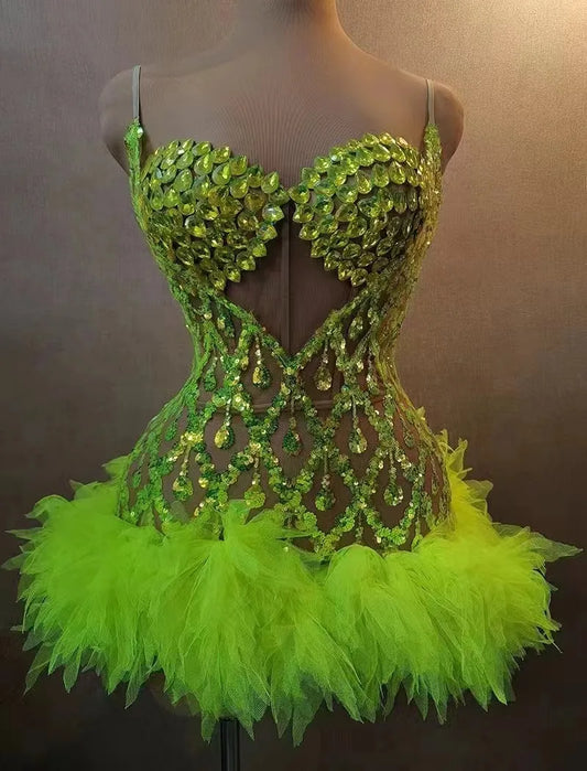 Fluorescent yellow Rhinstone Mesh tube top evening dress sing Gala Elegant Women Party Birthday Special Ocassion Sexy costume