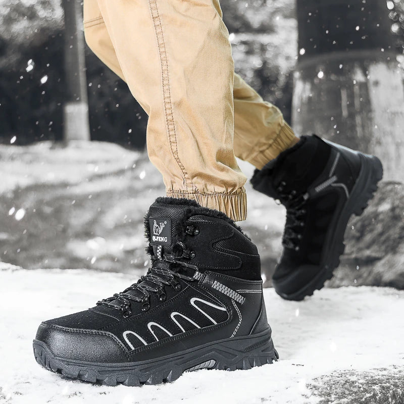 Mens Trekking Boots Thick Soles Wear-resistant Suede Leather Breathe Lace Up Sneakers Winter Warmth Comfort Camping Hiking Shoes