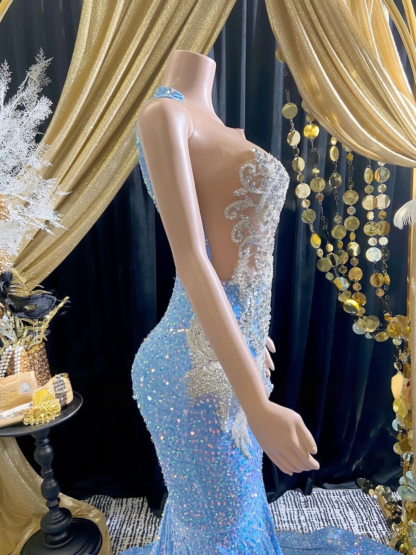 Blue Long Prom Dresses For Black Girls Sheer Sequins Beaded American African Evening Gowns Birthday Party Robe Customized