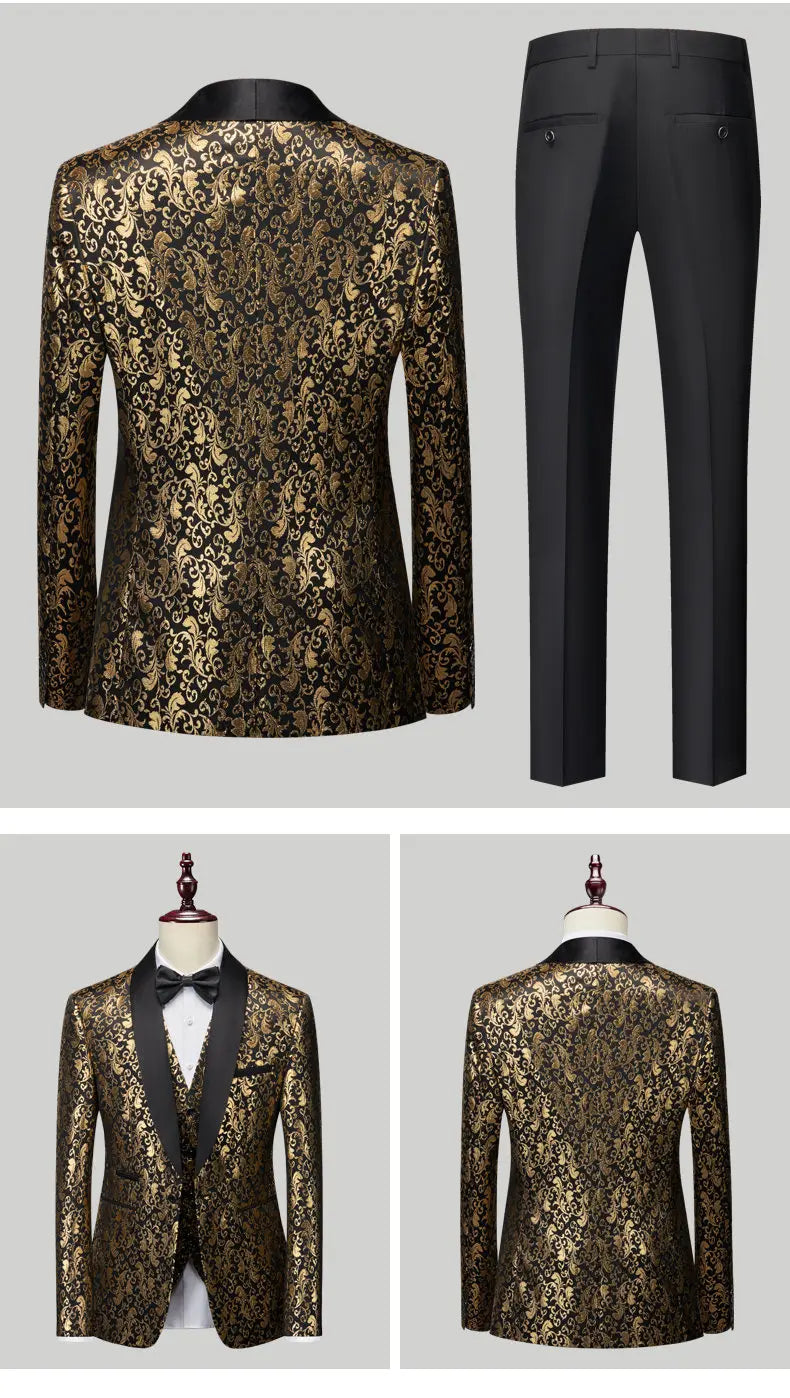 Fashion Men Luxury Wedding Suit Gold / Black / Burgundy / White Classic Homme Jacquard Tuxedo Dress Sets
