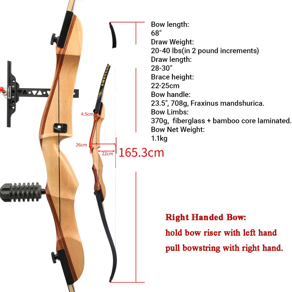 68" 20-40lbs Recurve Bow Archery Take Down Bow Carbon Arrow Shooting Split Wooden Bow Right Hand Hunting Target Practice Set