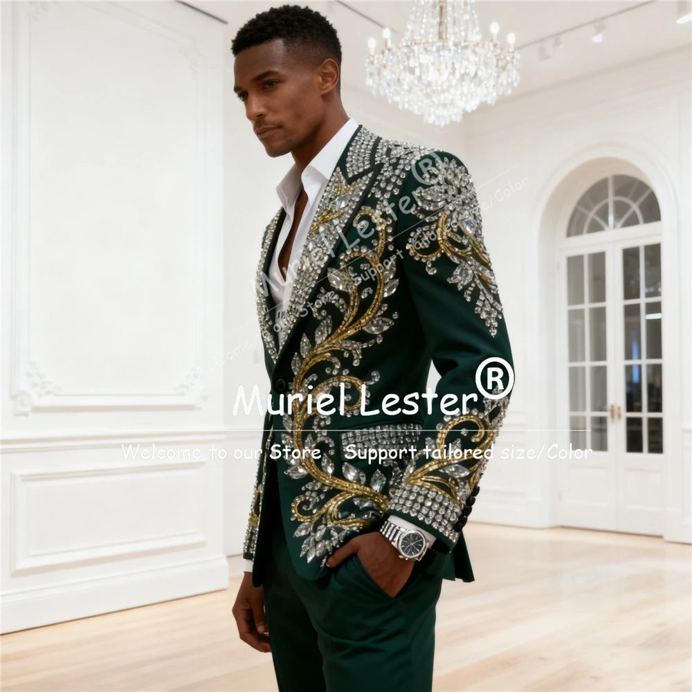 Diamond Beaded Stones Suit For Men 2 Pieces Sets Peaked Lapel Prom Blazer Customized Man Attire Formal Party Groom Tuxedo Luxury