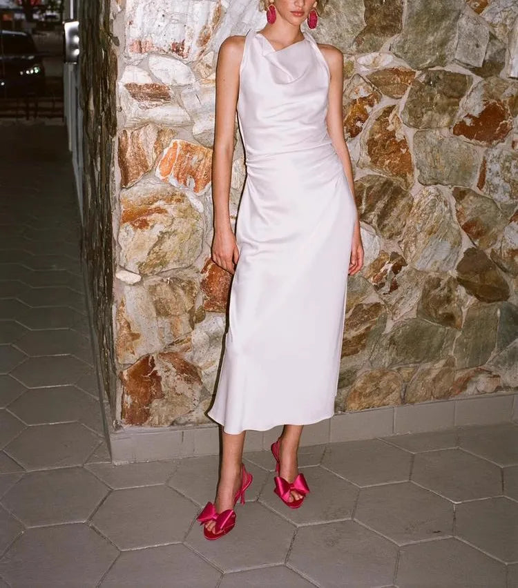 Early Autumn Silk Satin Texture Midi Dr High Waist A-Line Skirt No Sve round Ne Par Dr for Ladies in Their 20s