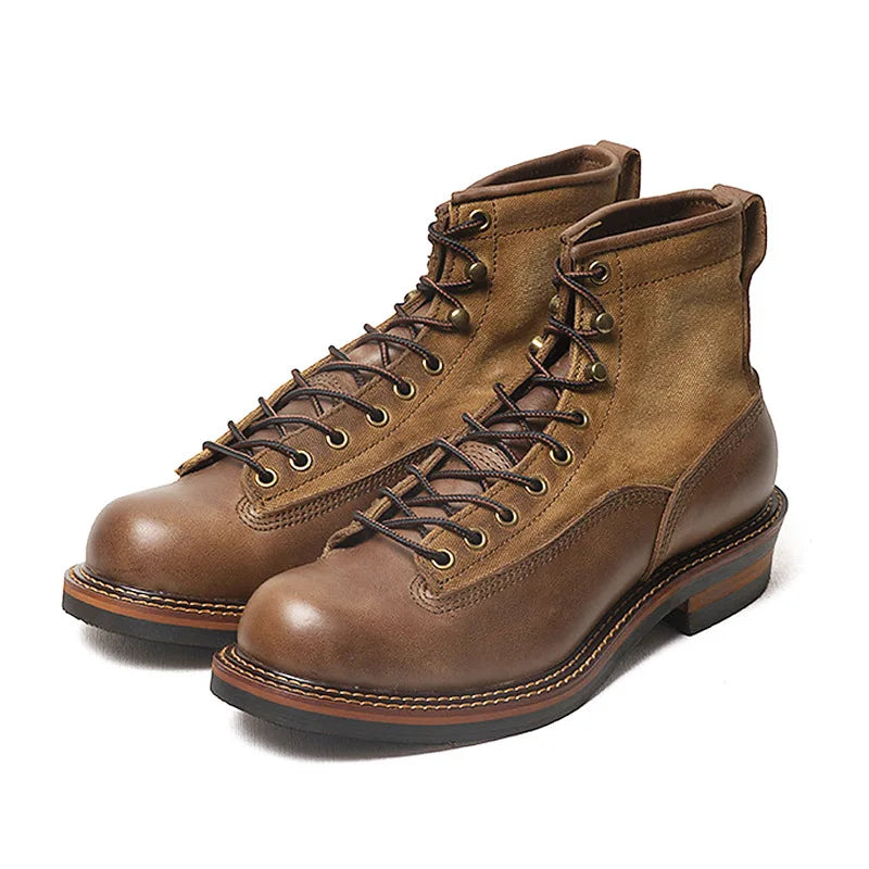 KOWM Hiking shoes cowhide men's trekking boot British ankle casual sneakers trekking shoes thick soled high top motorcycle boots
