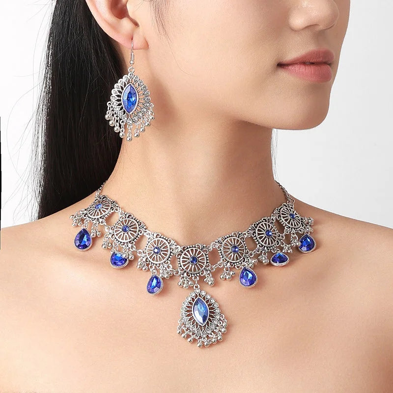 2pcs Vintage Indian Ethnic  Style Jewelry Set For Women Crystal  Inlaid Jewelry Sets  Water Drop Pendant Necklace Earring Set