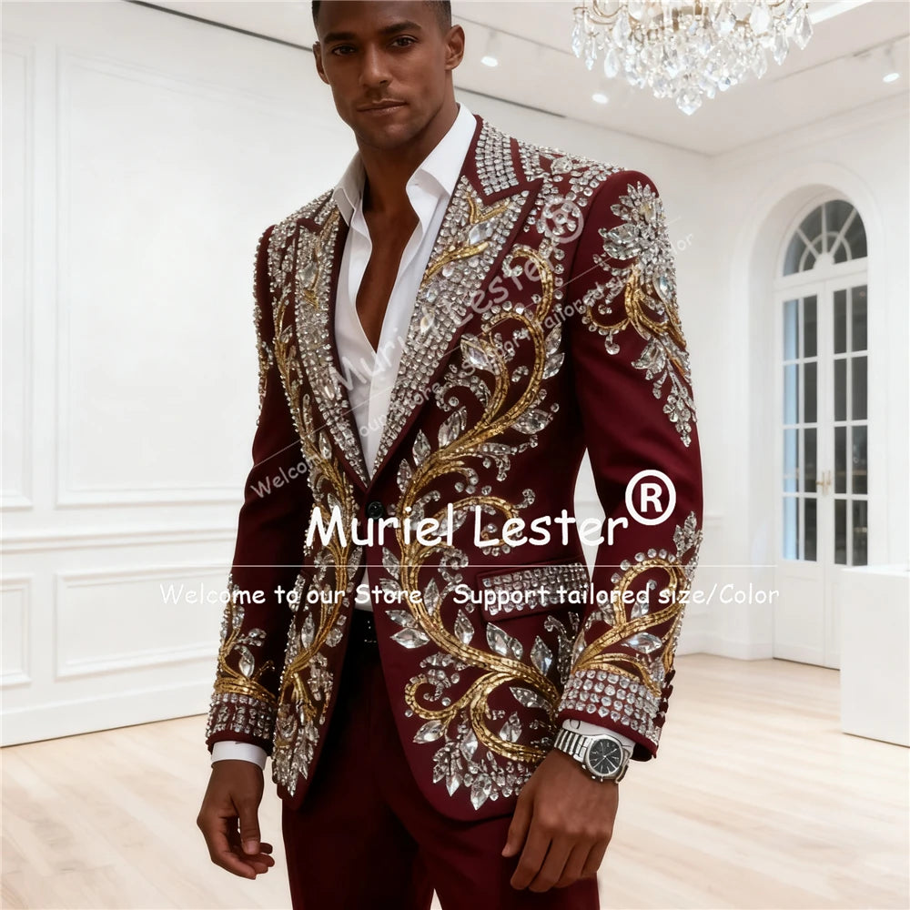 Diamond Beaded Stones Suit For Men 2 Pieces Sets Peaked Lapel Prom Blazer Customized Man Attire Formal Party Groom Tuxedo Luxury