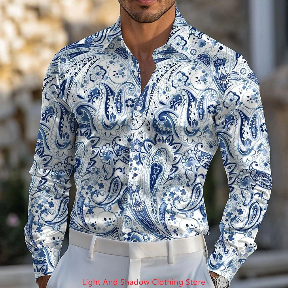 Spring and Autumn Men's Blue and White Porcelain Printed Men's Shirt Fashion Daily Vacation Collar Comfortable Soft Shirt