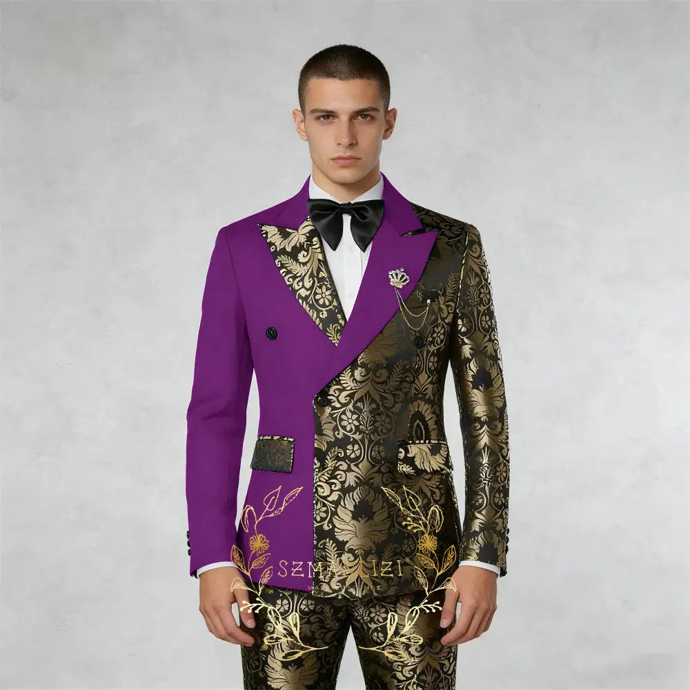 Black And Gold Floral Men's Suit 2 Piece Double Breasted Jacket Wedding Groom Tuxedo Formal Blazer Pants Sets terno masculino