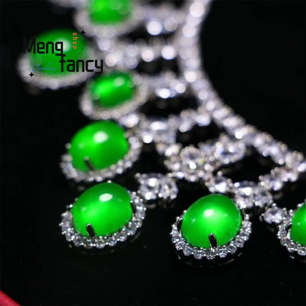 Luxurious Ice-Type Emerald Jadeite Chalcedony Necklace Plated With 925 Silver, And A Natural Green Chalcedony Banquet Chain