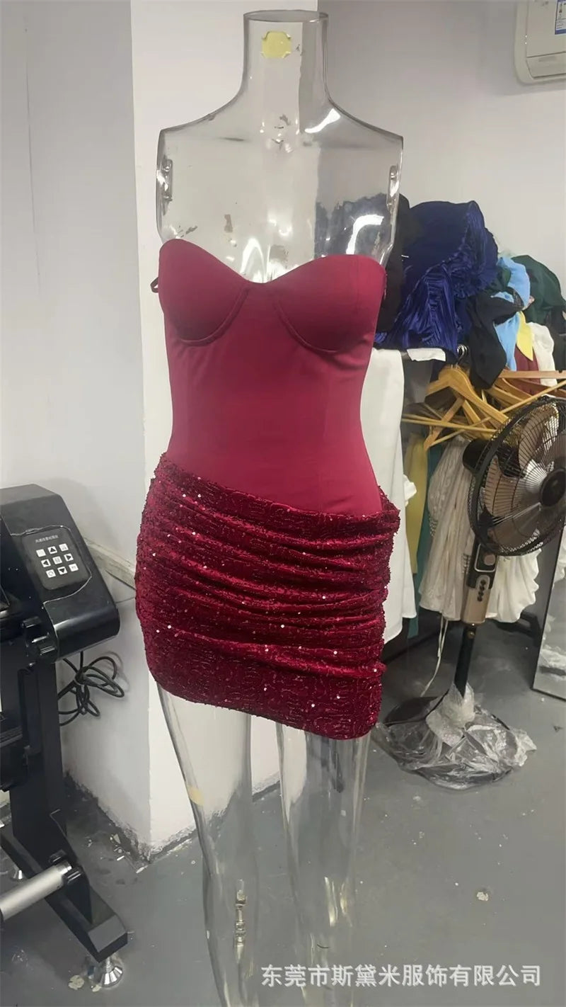 Red & White Sequin Halter Neck Mini Dress with Detachable Scarf ,Strapless Bodice, Bodycon Fit, Evening Party Club Wear Dress