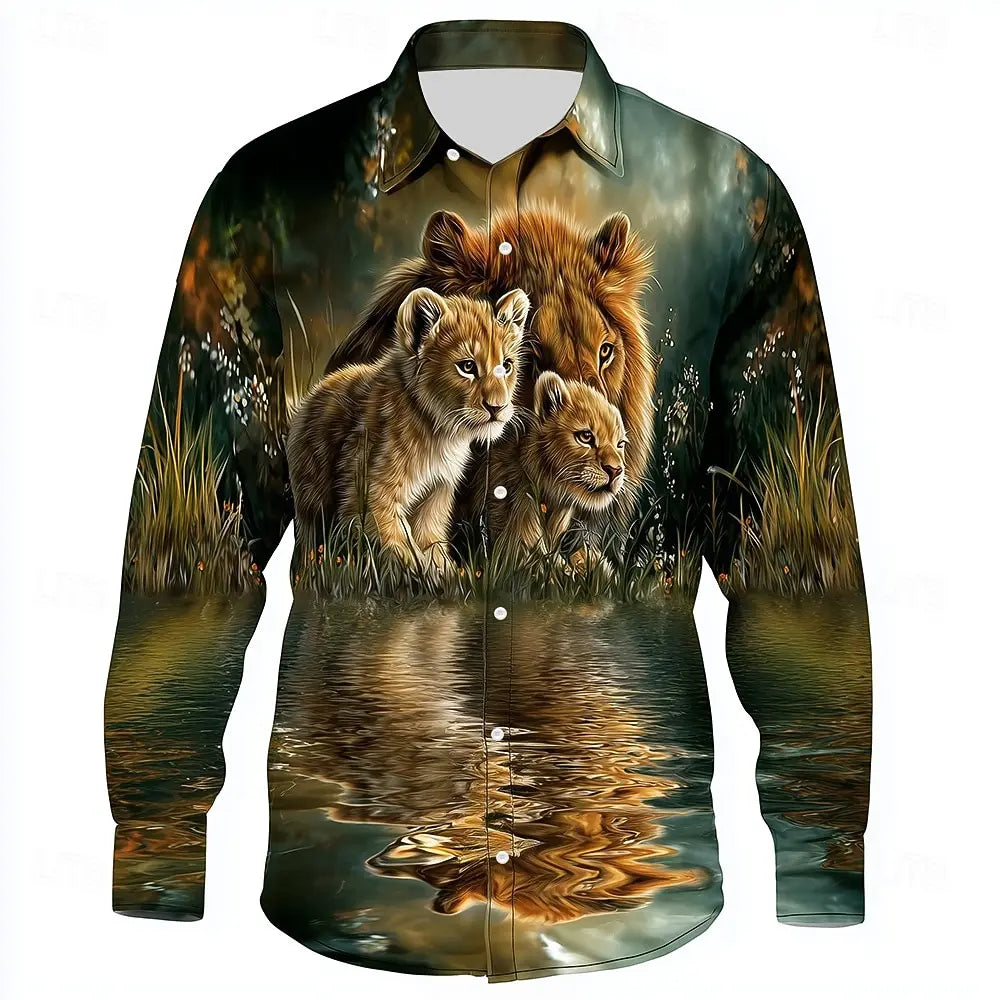 2025 Men's Animal Lion Nature Shirt Fashion 3D Printed Shirt Button Up Shirt Casual Long Sleeve Shirt Street Blouse for Mens