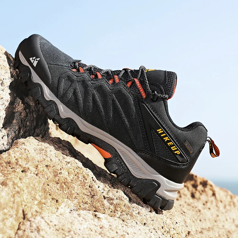 HIKEUP High Quality Leather Hiking Shoes Durable Outdoor Sport Men Trekking Leather Shoes Lace-Up Climbing Hunting Sneakers