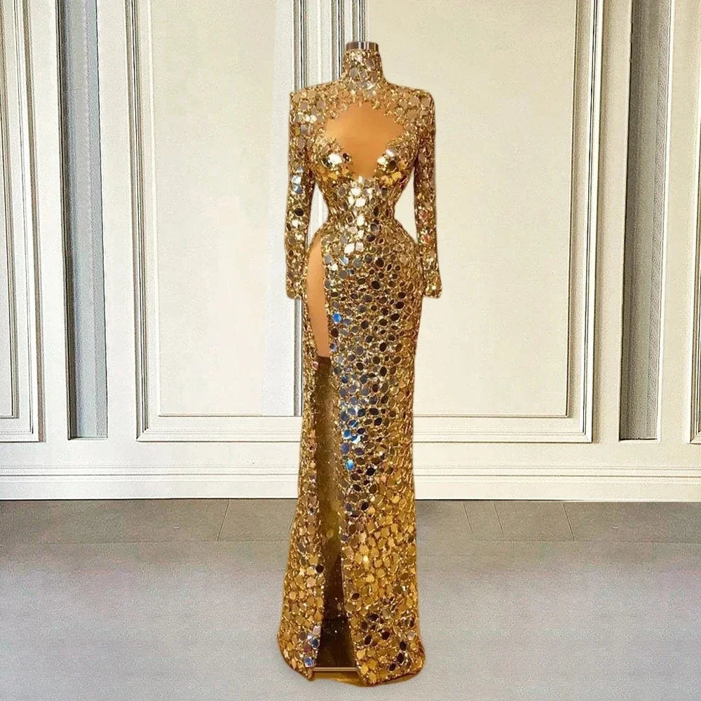 Crystals Evening Dresses Long Sleeves Slit Women Gold Middle East Saudi Arabia Dubai Robe De Soiree Prom Gown Customized
