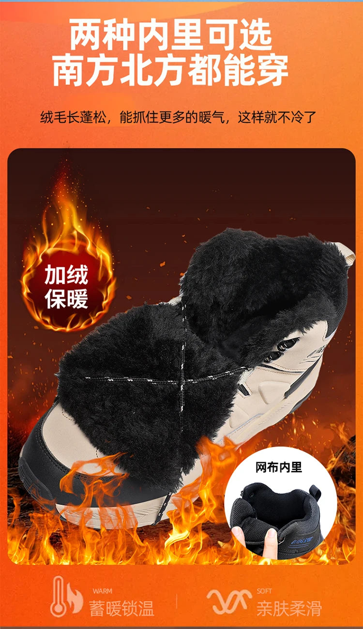 Large Size 48 Leather Hiking Boots Mens Winter Outdoor Warm Fur Non Slip 2025 Fashion Hike Ankle Boot Black Hunting Boots Rubber
