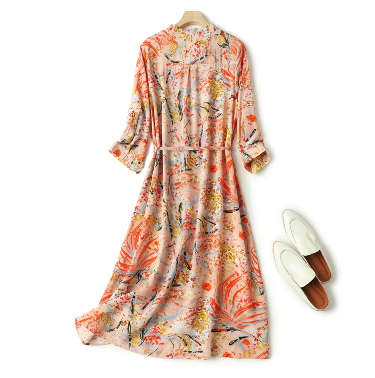 Women 100% Natural Silk Crepe Silk Beige Floral printed shirt Dress half sleeve split neck with belt midi dress L XL FF011