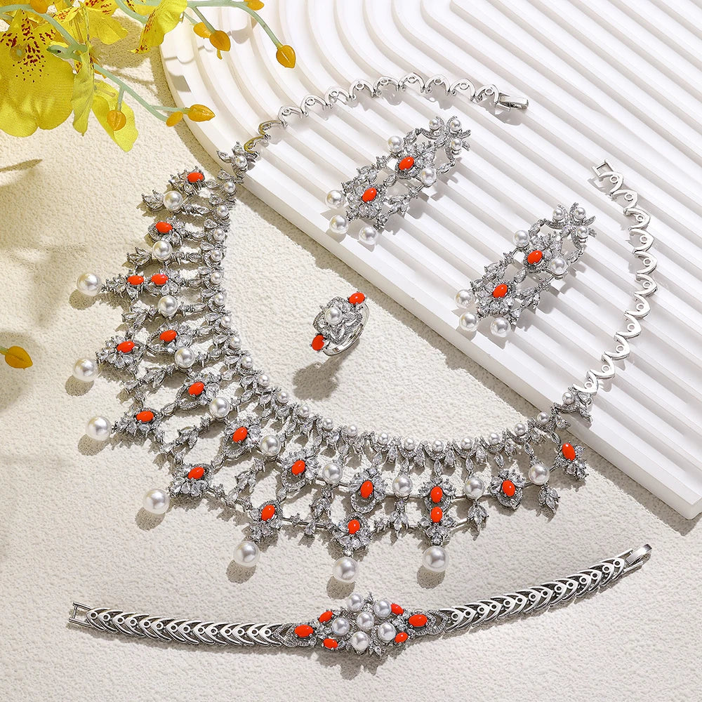 2024 New Pearl Jewelry Sets For Women Wedding Party Accessories Luxury CZ Dubai African 4-piece Bridal Jewelry Set