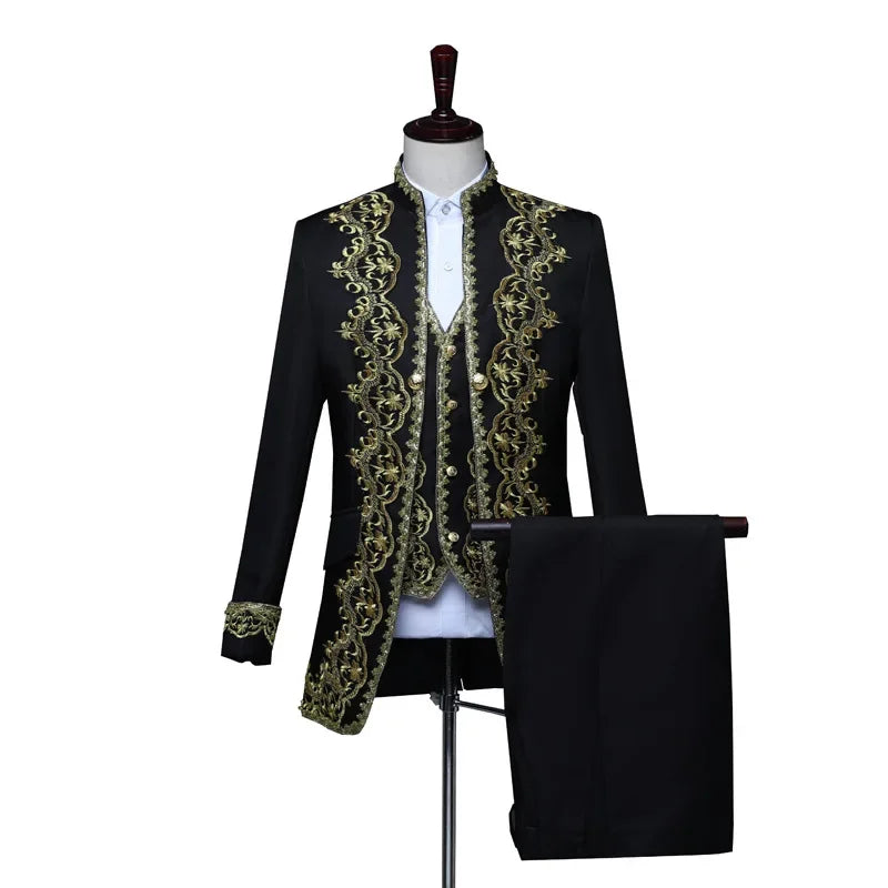 European Gold Vintage Tuxedo Men's Suit 3-Piece, Black Opera,Stage Performance Costume,White Men Sets S,M,L,XXL,3XL,4XL