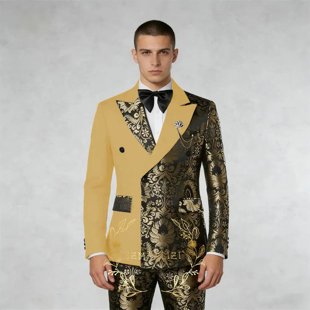 Black And Gold Floral Men's Suit 2 Piece Double Breasted Jacket Wedding Groom Tuxedo Formal Blazer Pants Sets terno masculino