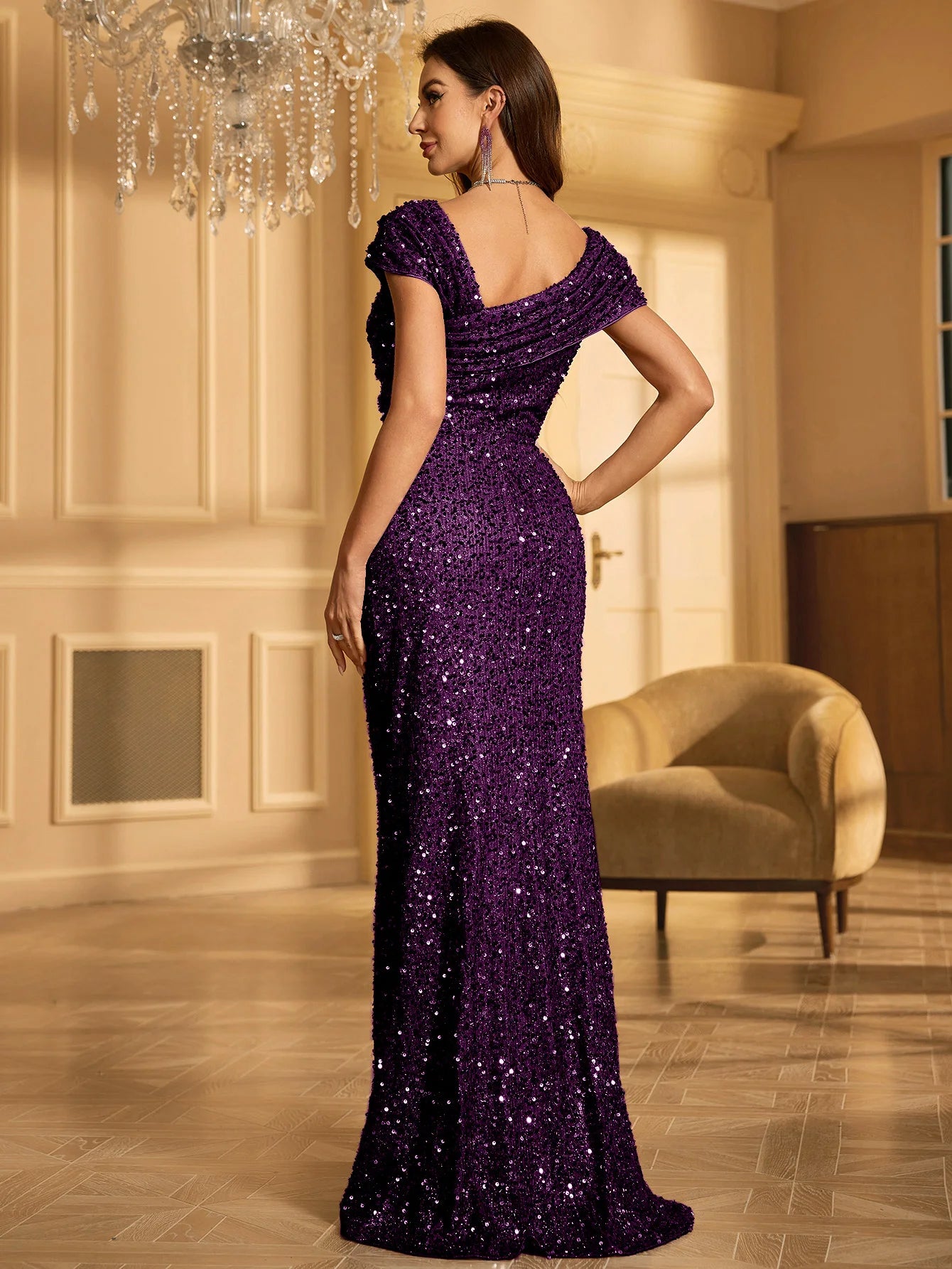Unithorse Women’s One Shoulder Draped Sleeveless Long Floor-Length Glitter Sequin Formal Evening Dress