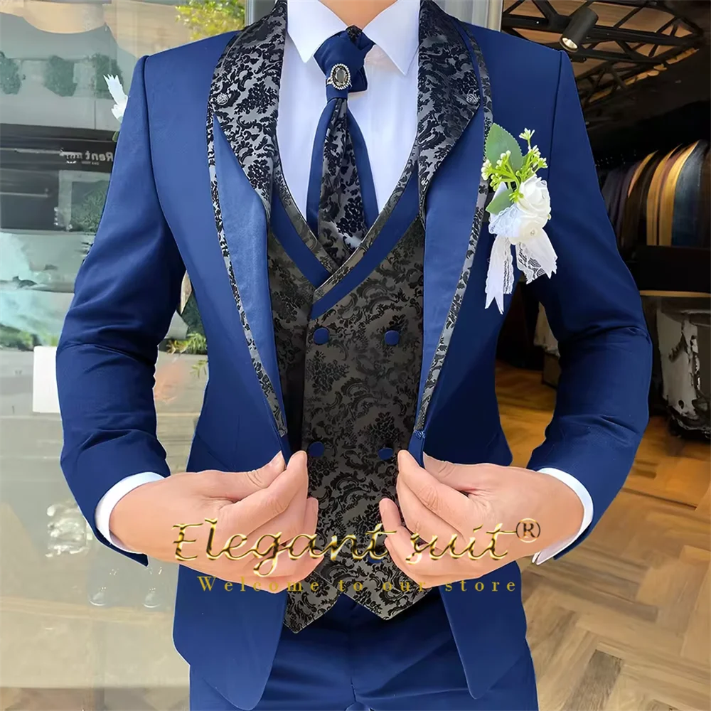 Men's 3-Piece Suit Set, Black Jacquard Vest, Contrast Style, Suit, Vest & Trousers, Weddings & Celebrations Choice