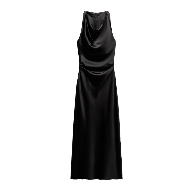 Early Autumn Silk Satin Texture Midi Dr High Waist A-Line Skirt No Sve round Ne Par Dr for Ladies in Their 20s