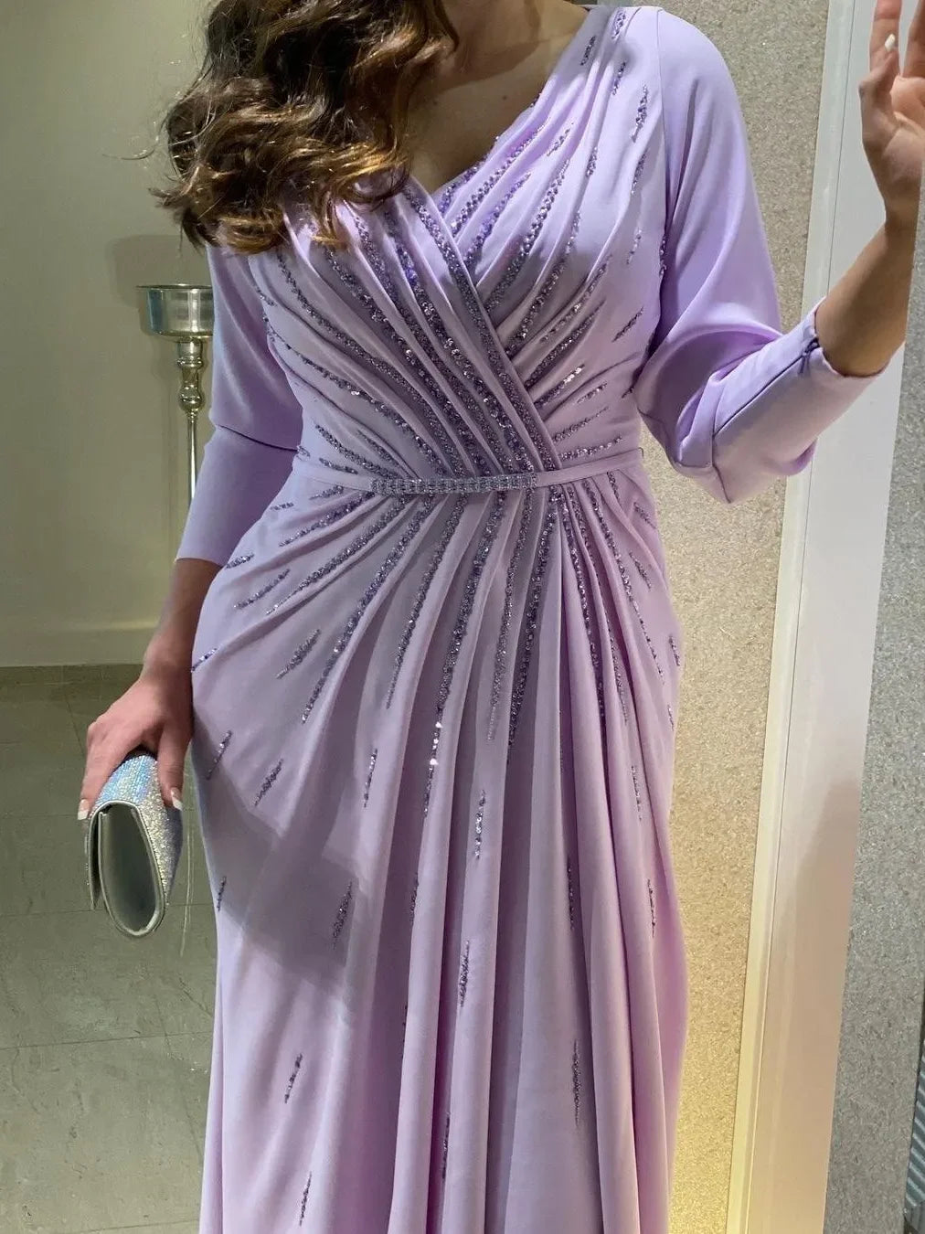 Oisslec Evening Gowns for Women Elegant Party Saudi Arabia V Neck Beaded Long Sleeves Prom Dresses Side Slit Wedding Guest