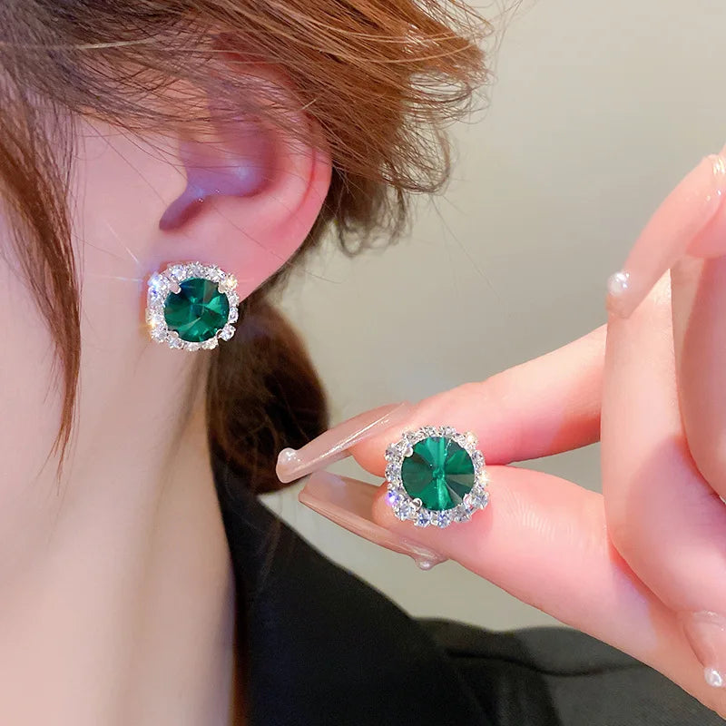 Luxury Green Rhinestone Necklace Stud Earrings For Women Crystal Choker Necklaces Ladies Fashion Weddings Banquet Jewelry Set