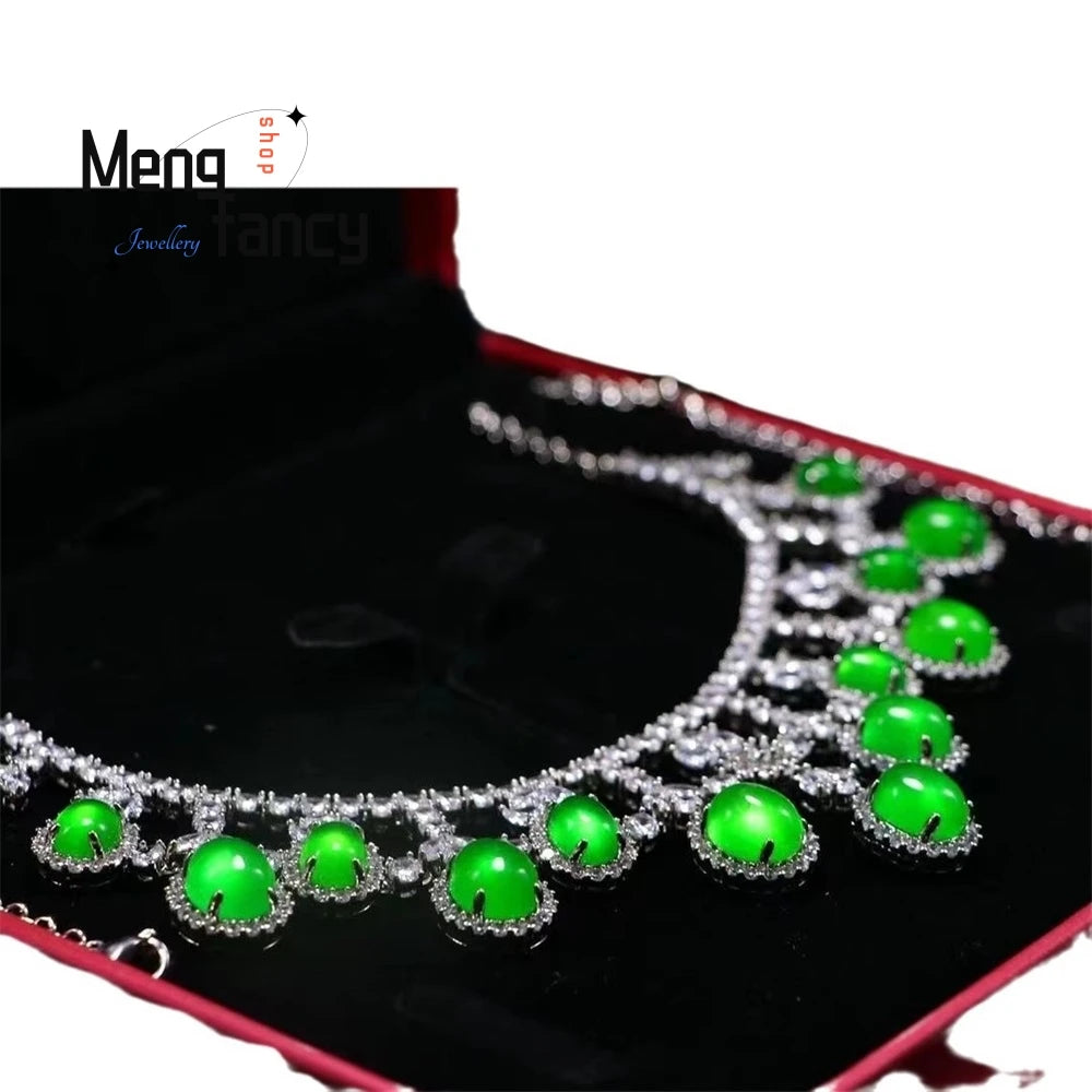 Luxurious Ice-Type Emerald Jadeite Chalcedony Necklace Plated With 925 Silver, And A Natural Green Chalcedony Banquet Chain