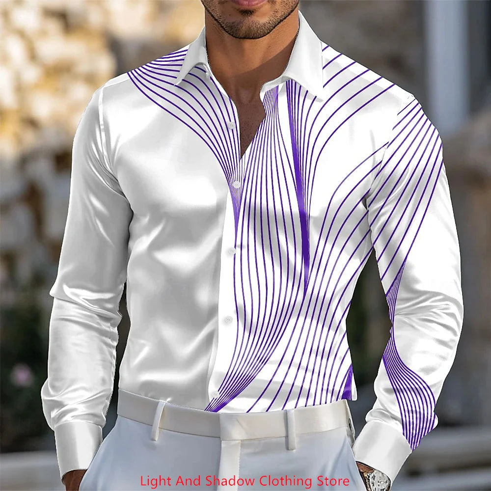 Spring and Autumn Men's Blue and White Porcelain Printed Men's Shirt Fashion Daily Vacation Collar Comfortable Soft Shirt