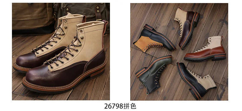 KOWM Hiking shoes cowhide men's trekking boot British ankle casual sneakers trekking shoes thick soled high top motorcycle boots