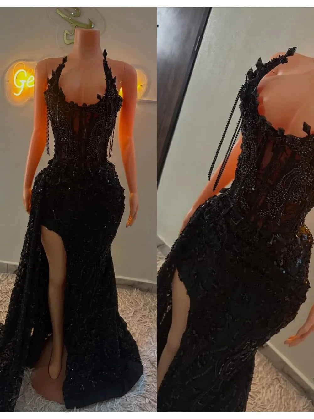 Sparkly African American Prom Dresses For Black Girls Mermaid Sheer Lace Beaded Slit Robe De Soiree Evening Gown Customized