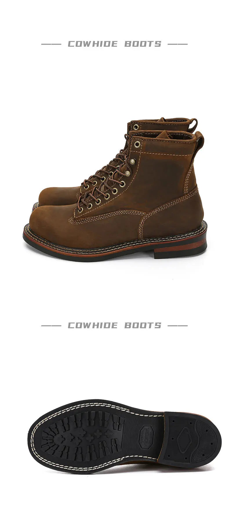 KOWM Hiking shoes cowhide men's trekking boot British ankle casual sneakers trekking shoes thick soled high top motorcycle boots