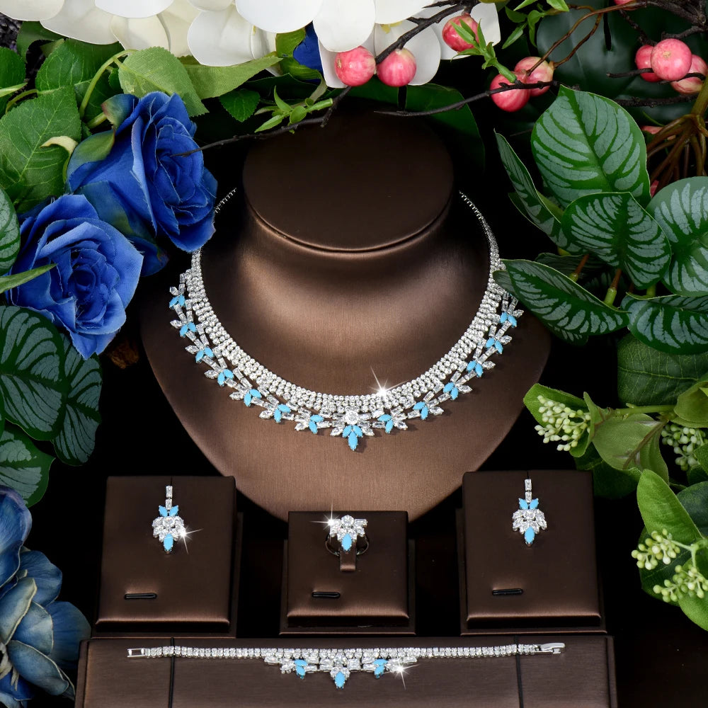 High Quality Charming Heartwarming Jewellery Necklace Earrings Ring Blue 4 Pcs Daily Party Banquet Wedding Women Costume M-563