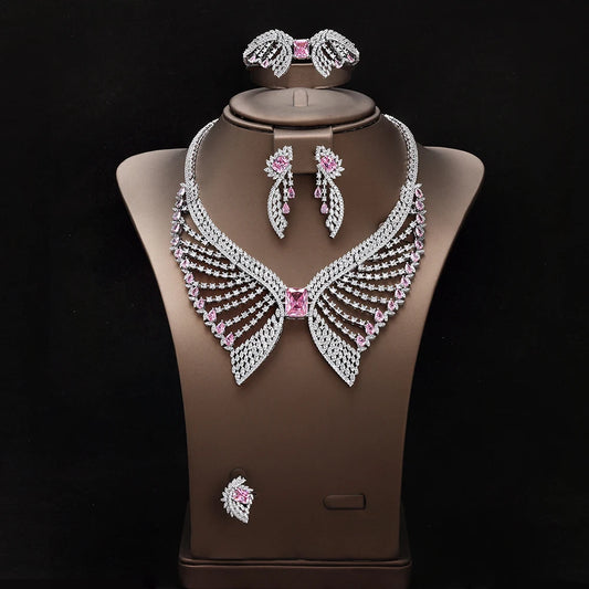 Luxury Women Wedding Jewelry Set Dubai Nigeria Bridal 4pcs Necklace Earrings Jewelry Set with White Zirconia