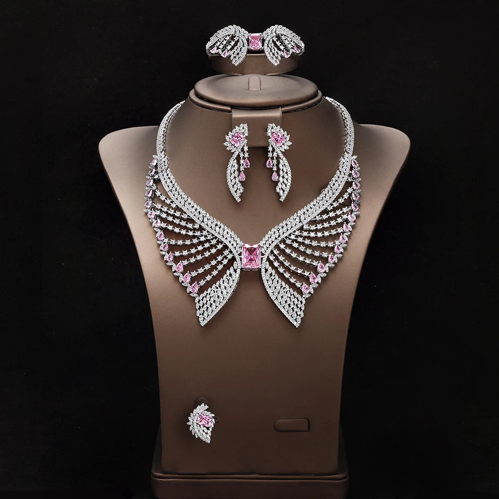 Luxury Women Wedding Jewelry Set Dubai Nigeria Bridal 4pcs Necklace Earrings Jewelry Set with White Zirconia